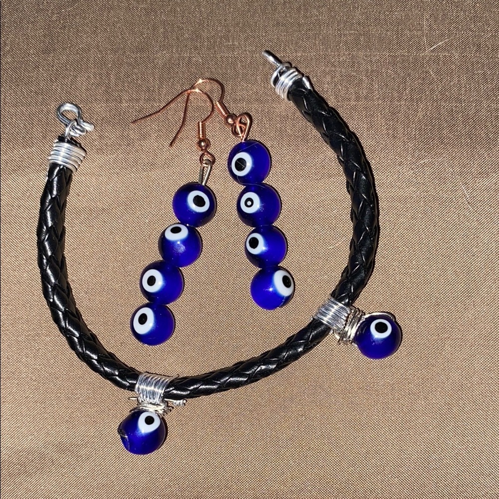 Handcrafted Evil Eye Bracelet and Earring Set - Blue and Black